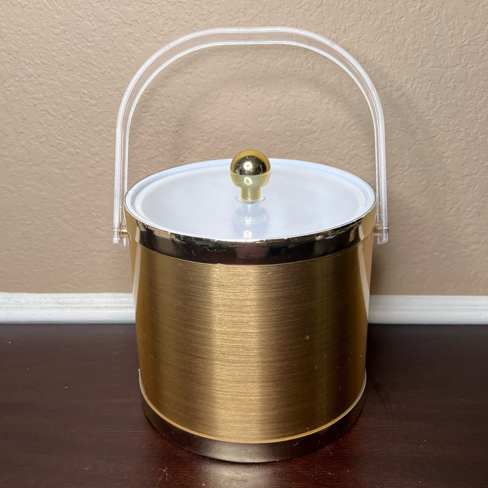 Vintage 1970's Brushed Gold Ice Bucket, Collectible Barware, Midcentury Mod Deco